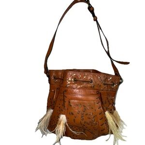 Patricia Nash Laser Cut Lace Leather Feathers Purse Picerno BOHO Bucket #cc